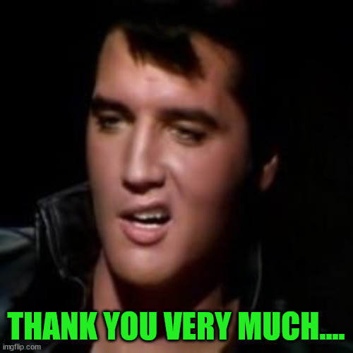 Elvis, thank you | THANK YOU VERY MUCH.... | image tagged in elvis thank you | made w/ Imgflip meme maker