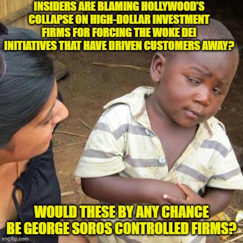 Who controls these investment firms? | INSIDERS ARE BLAMING HOLLYWOOD’S COLLAPSE ON HIGH-DOLLAR INVESTMENT FIRMS FOR FORCING THE WOKE DEI INITIATIVES THAT HAVE DRIVEN CUSTOMERS AWAY? WOULD THESE BY ANY CHANCE BE GEORGE SOROS CONTROLLED FIRMS? | image tagged in third world skeptical kid | made w/ Imgflip meme maker