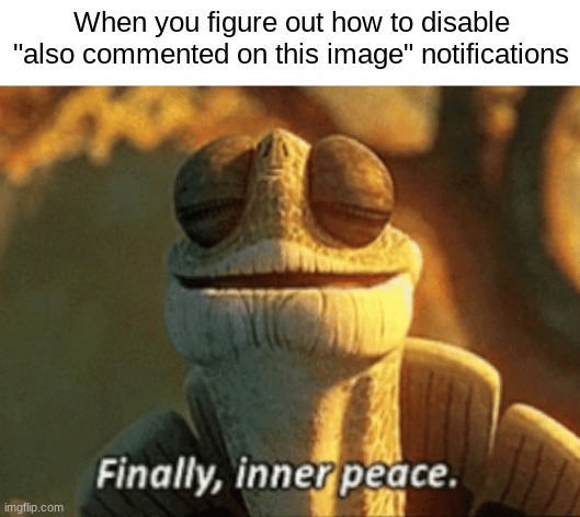 HUZZAH! | When you figure out how to disable "also commented on this image" notifications | image tagged in finally inner peace,notifications | made w/ Imgflip meme maker