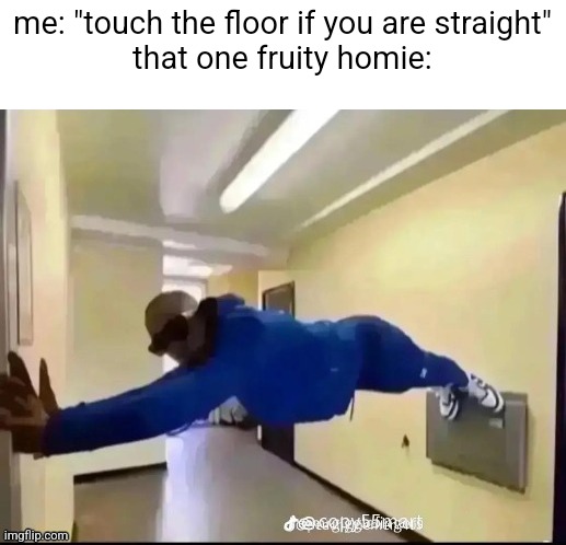 me: "touch the floor if you are straight"
that one fruity homie: | made w/ Imgflip meme maker