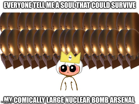 Is just for... ahem... experimental reasons | EVERYONE TELL ME A SOUL THAT COULD SURVIVE; MY COMICALLY LARGE NUCLEAR BOMB ARSENAL | image tagged in and,because,i,love,making things do,kaboom | made w/ Imgflip meme maker