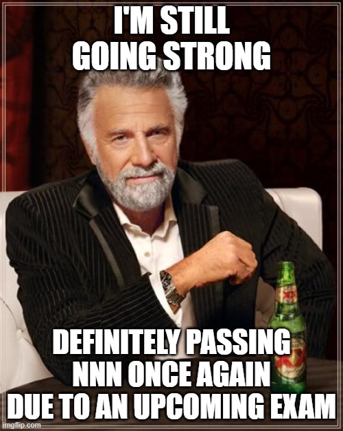 Higher chance for me to win NNN | I'M STILL GOING STRONG; DEFINITELY PASSING NNN ONCE AGAIN DUE TO AN UPCOMING EXAM | image tagged in memes,the most interesting man in the world,nnn,no nut november,november,exams | made w/ Imgflip meme maker