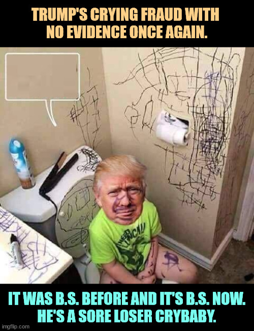 Fraud? Prove it, crybaby sore loser. There's not enough fraud to tip a VW camper, never mind an election. | TRUMP'S CRYING FRAUD WITH 
NO EVIDENCE ONCE AGAIN. IT WAS B.S. BEFORE AND IT'S B.S. NOW.
HE'S A SORE LOSER CRYBABY. | image tagged in trump baby infant toddler child toilet scribble walls,trump,crybaby,infant,toddler,sore loser | made w/ Imgflip meme maker