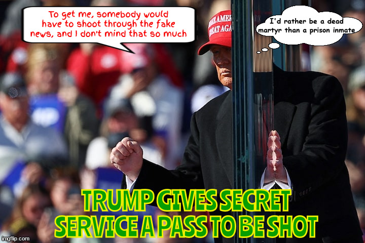 Trump's death wishing | To get me, somebody would have to shoot through the fake news, and I don't mind that so much; I'd rather be a dead martyr than a prison inmate; TRUMP GIVES SECRET SERVICE A PASS TO BE SHOT | image tagged in shoot me,dead martyr,secret service gets a pass,kill the media or give me death,poor baby's losing again,maga martyr | made w/ Imgflip meme maker