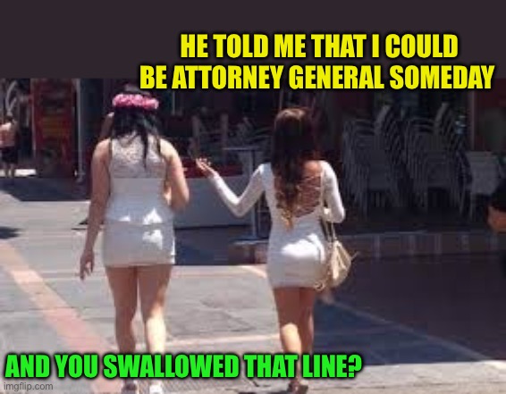 Anything’s possible | HE TOLD ME THAT I COULD BE ATTORNEY GENERAL SOMEDAY; AND YOU SWALLOWED THAT LINE? | image tagged in walk of shame,fun,jokes,dick jokes | made w/ Imgflip meme maker