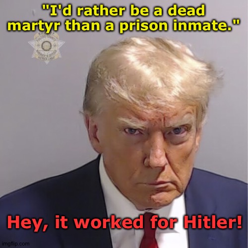 Donald muses on his future | "I'd rather be a dead martyr than a prison inmate."; Hey, it worked for Hitler! | image tagged in trump mug shot | made w/ Imgflip meme maker