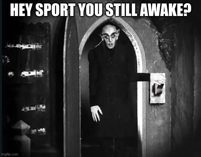 nosferatu and the light switch | HEY SPORT YOU STILL AWAKE? | image tagged in nosferatu and the light switch | made w/ Imgflip meme maker