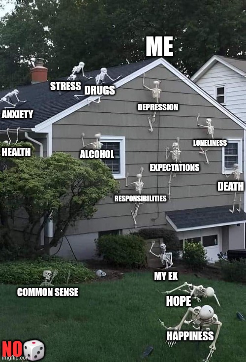 ME; STRESS; DRUGS; DEPRESSION; ANXIETY; LONELINESS; ALCOHOL; HEALTH; EXPECTATIONS; DEATH; RESPONSIBILITIES; MY EX; COMMON SENSE; HOPE; NO🎲; HAPPINESS | image tagged in funny | made w/ Imgflip meme maker