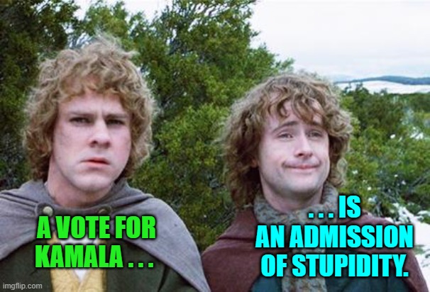 Blunt truth . . . the Shire way. | . . . IS AN ADMISSION OF STUPIDITY. A VOTE FOR KAMALA . . . | image tagged in second breakfast | made w/ Imgflip meme maker