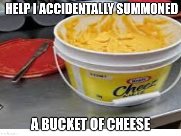 Help I accidentally summoned a bucket of cheese | HELP I ACCIDENTALLY SUMMONED; A BUCKET OF CHEESE | image tagged in funny | made w/ Imgflip meme maker