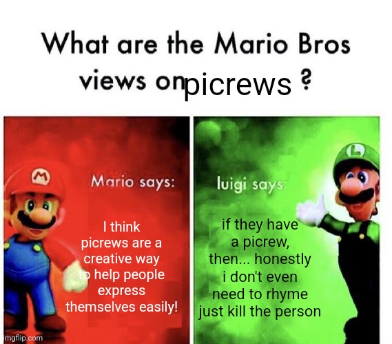 Mario Bros Views | picrews; I think picrews are a creative way to help people express themselves easily! if they have a picrew, then... honestly i don't even need to rhyme just kill the person | image tagged in mario bros views | made w/ Imgflip meme maker