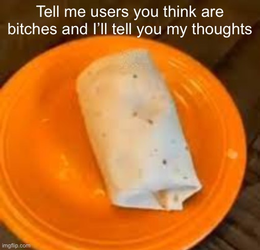 JimmyHere Burrito | Tell me users you think are bitches and I’ll tell you my thoughts | image tagged in jimmyhere burrito | made w/ Imgflip meme maker