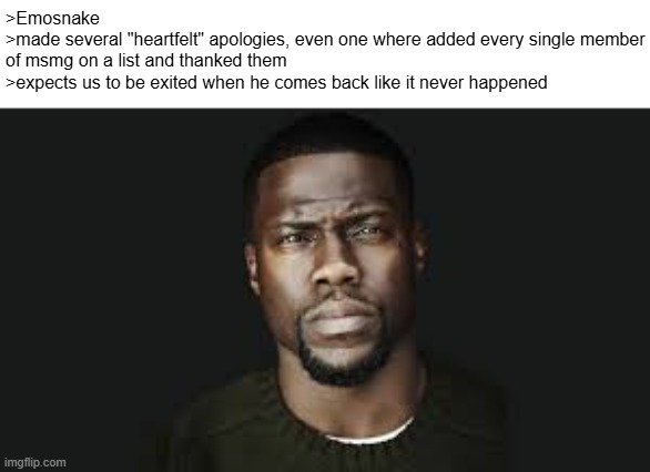 he has betrayed my trust so many times | >Emosnake
>made several "heartfelt" apologies, even one where added every single member of msmg on a list and thanked them
>expects us to be exited when he comes back like it never happened | image tagged in kevin hart stare | made w/ Imgflip meme maker