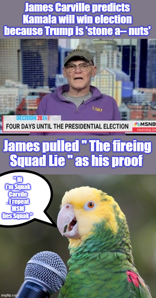 James has been lieing his whole political carear for the Clinton's we all know what liars they are. | James Carville predicts Kamala will win election because Trump is 'stone a-- nuts'; James pulled " The fireing Squad Lie " as his proof; " Hi i'm Squak Carvile . I repeat MSM lies Squak " | made w/ Imgflip meme maker
