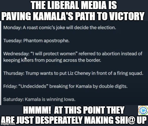 politics | THE LIBERAL MEDIA IS PAVING KAMALA'S PATH TO VICTORY; HMMM!  AT THIS POINT THEY ARE JUST DESPERATELY MAKING SHI@ UP | image tagged in political meme | made w/ Imgflip meme maker