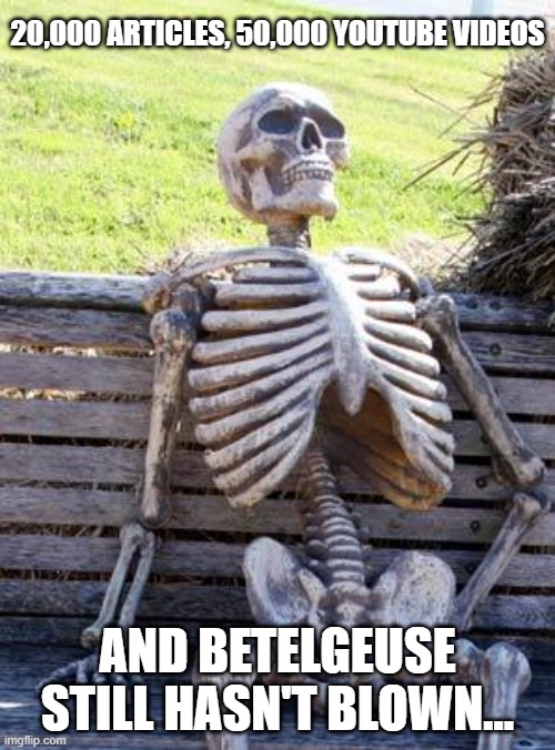 Waiting for Betelgeuse (Status Post 100 Years) | 20,000 ARTICLES, 50,000 YOUTUBE VIDEOS; AND BETELGEUSE STILL HASN'T BLOWN... | image tagged in memes,waiting skeleton,betelgeuse | made w/ Imgflip meme maker