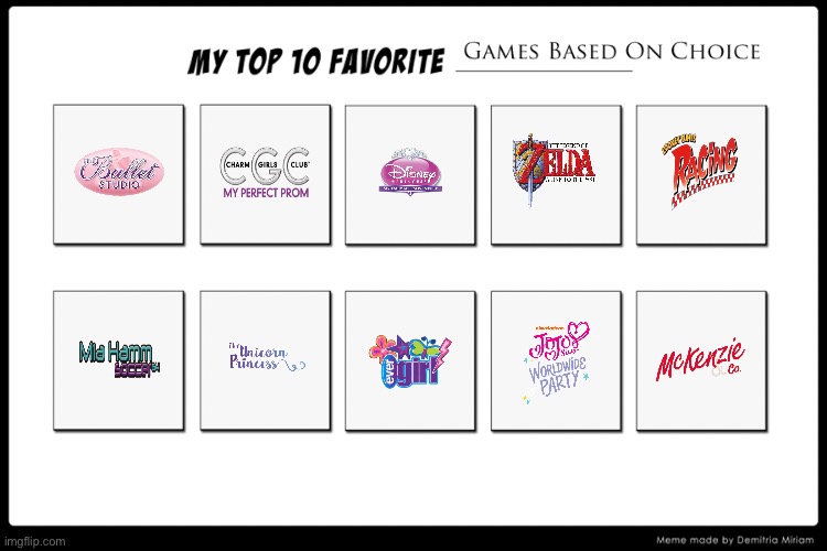 Brandon's Top 10 Games Based on Choice | image tagged in ballet,looney tunes,disney princess,nintendo,the legend of zelda,jojo siwa | made w/ Imgflip meme maker