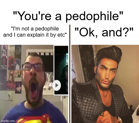 Average Fan vs Average Enjoyer | "I'm not a pedophile and I can explain it by etc" "Ok, and?" "You're a pedophile" | image tagged in average fan vs average enjoyer | made w/ Imgflip meme maker