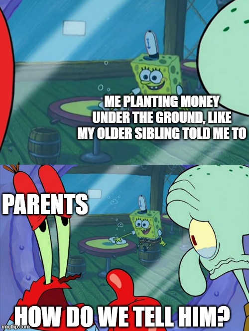 uhhh | ME PLANTING MONEY UNDER THE GROUND, LIKE MY OLDER SIBLING TOLD ME TO; PARENTS; HOW DO WE TELL HIM? | image tagged in how do we tell him,funny,memes | made w/ Imgflip meme maker