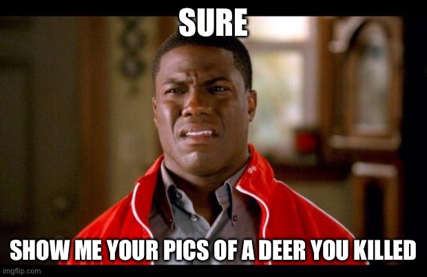 Hunting season | SURE; SHOW ME YOUR PICS OF A DEER YOU KILLED | image tagged in not funny | made w/ Imgflip meme maker