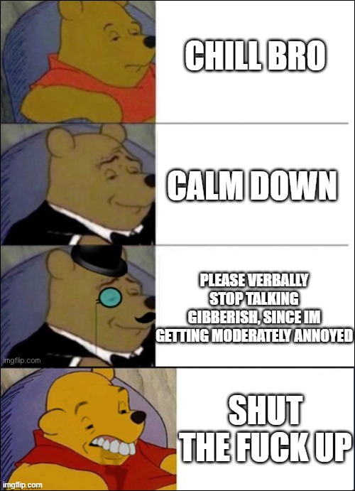 ways to say "chill bro" | CHILL BRO; CALM DOWN; PLEASE VERBALLY STOP TALKING GIBBERISH, SINCE IM GETTING MODERATELY ANNOYED; SHUT THE FUCK UP | image tagged in good better best wut | made w/ Imgflip meme maker