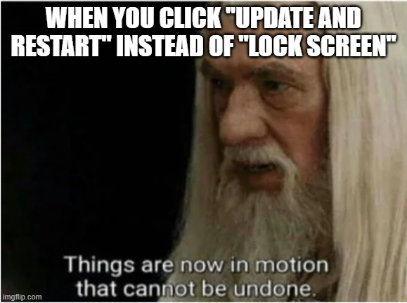 rip updates | WHEN YOU CLICK "UPDATE AND RESTART" INSTEAD OF "LOCK SCREEN" | image tagged in gandalf motion | made w/ Imgflip meme maker