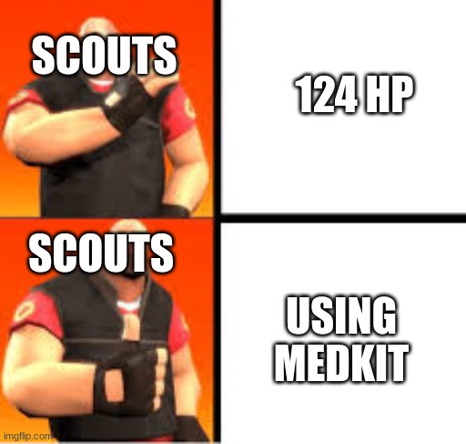 heavy drake meme | 124 HP USING MEDKIT SCOUTS SCOUTS | image tagged in heavy drake meme | made w/ Imgflip meme maker