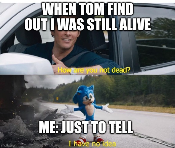 sonic how are you not dead | WHEN TOM FIND OUT I WAS STILL ALIVE; ME: JUST TO TELL | image tagged in sonic how are you not dead | made w/ Imgflip meme maker