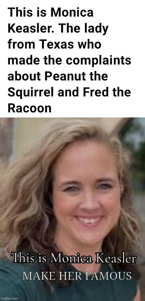 MAKE HER FAMOUS | image tagged in peanut the squirrel and fred the raccoon rip,she got peanut the squirrel and fred the raccoon killed make t | made w/ Imgflip meme maker