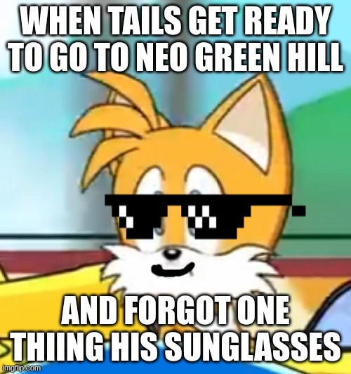 Tails hold up | WHEN TAILS GET READY TO GO TO NEO GREEN HILL; AND FORGOT ONE THIING HIS SUNGLASSES | image tagged in tails hold up | made w/ Imgflip meme maker