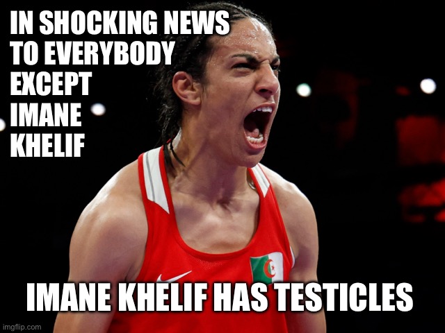 Imane Khelif has Testicles SHOCKING | IN SHOCKING NEWS
TO EVERYBODY 
EXCEPT 
IMANE 
KHELIF; IMANE KHELIF HAS TESTICLES | image tagged in imane khelif,trans,boxing,olympics,algeria,womebs sports | made w/ Imgflip meme maker