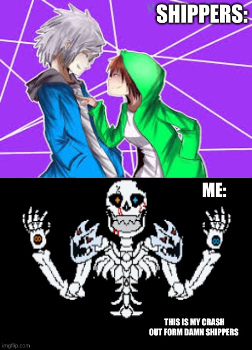 ight were hunting down shippers now | SHIPPERS:; ME:; THIS IS MY CRASH OUT FORM DAMN SHIPPERS | image tagged in shipping,ultra sans,sans,chara | made w/ Imgflip meme maker