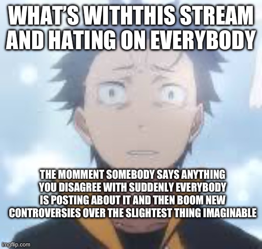 It always be the same 6 mfs starting it too | WHAT’S WITHTHIS STREAM AND HATING ON EVERYBODY; THE MOMMENT SOMEBODY SAYS ANYTHING YOU DISAGREE WITH SUDDENLY EVERYBODY IS POSTING ABOUT IT AND THEN BOOM NEW CONTROVERSIES OVER THE SLIGHTEST THING IMAGINABLE | image tagged in bruh can the fog come already | made w/ Imgflip meme maker