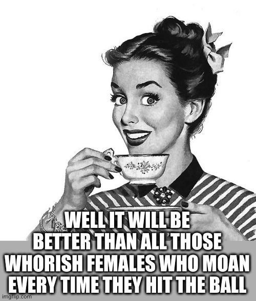 Retro woman teacup | WELL IT WILL BE BETTER THAN ALL THOSE WHORISH FEMALES WHO MOAN EVERY TIME THEY HIT THE BALL | image tagged in retro woman teacup | made w/ Imgflip meme maker