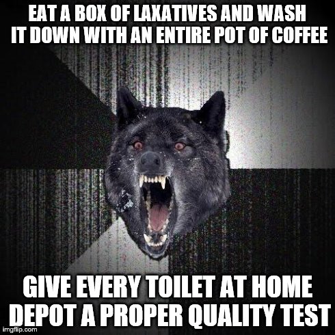 Insanity Wolf Meme | EAT A BOX OF LAXATIVES AND WASH IT DOWN WITH AN ENTIRE POT OF COFFEE GIVE EVERY TOILET AT HOME DEPOT A PROPER QUALITY TEST | image tagged in memes,insanity wolf | made w/ Imgflip meme maker