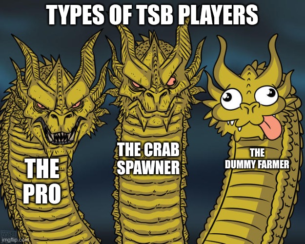 (btw the dummy farmer is the player that does not try to kill anyone else and only kills weakest dummy) | TYPES OF TSB PLAYERS; THE CRAB SPAWNER; THE DUMMY FARMER; THE PRO | image tagged in three-headed dragon | made w/ Imgflip meme maker