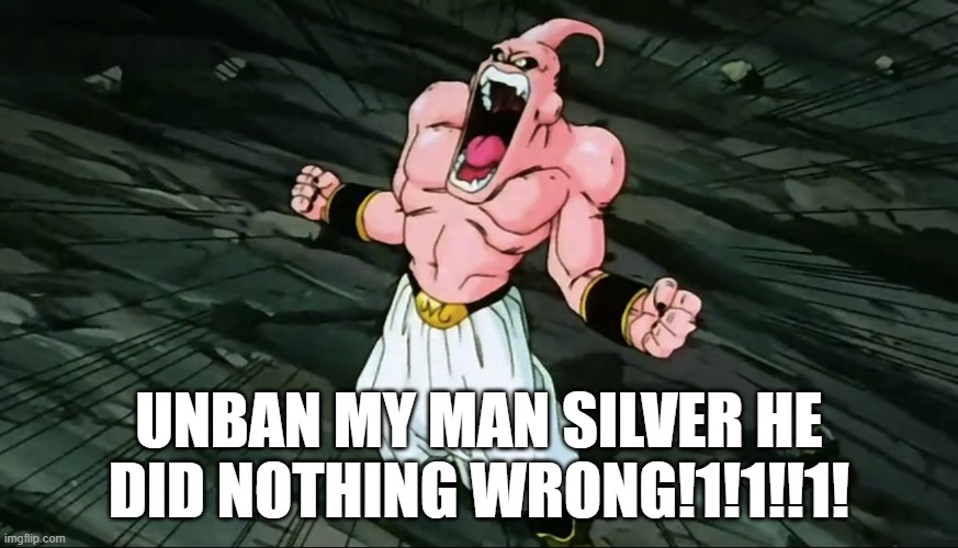 Super Majin Buu Screaming | UNBAN MY MAN SILVER HE DID NOTHING WRONG!1!1!!1! | image tagged in super majin buu screaming | made w/ Imgflip meme maker