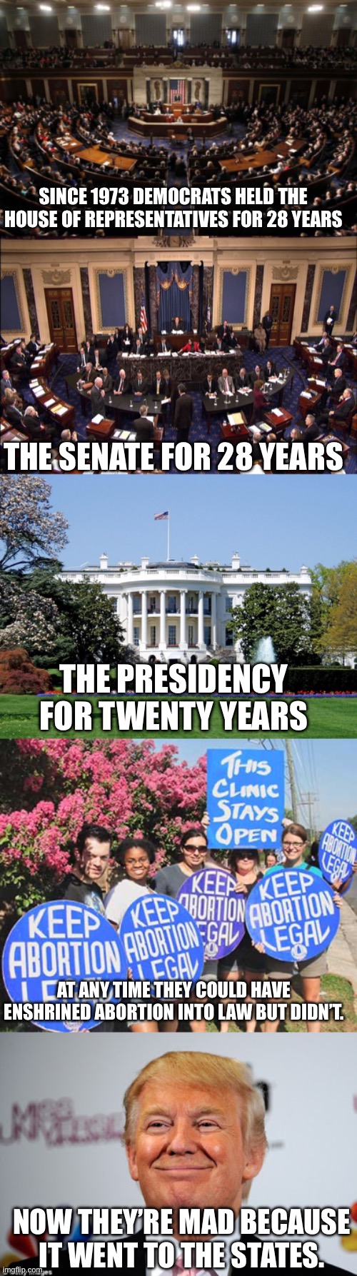 SINCE 1973 DEMOCRATS HELD THE HOUSE OF REPRESENTATIVES FOR 28 YEARS; THE SENATE FOR 28 YEARS; THE PRESIDENCY FOR TWENTY YEARS; AT ANY TIME THEY COULD HAVE ENSHRINED ABORTION INTO LAW BUT DIDN’T. NOW THEY’RE MAD BECAUSE IT WENT TO THE STATES. | image tagged in congress,senate floor,white house,keep abortion legal,donald trump approves | made w/ Imgflip meme maker