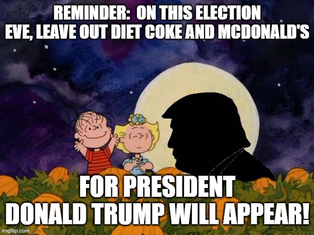 REMINDER:  ON THIS ELECTION EVE, LEAVE OUT DIET COKE AND MCDONALD'S; FOR PRESIDENT DONALD TRUMP WILL APPEAR! | made w/ Imgflip meme maker