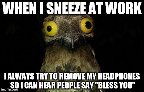 Weird Stuff I Do Potoo Meme | WHEN I SNEEZE AT WORK I ALWAYS TRY TO REMOVE MY HEADPHONES SO I CAN HEAR PEOPLE SAY "BLESS YOU" | image tagged in memes,weird stuff i do potoo | made w/ Imgflip meme maker