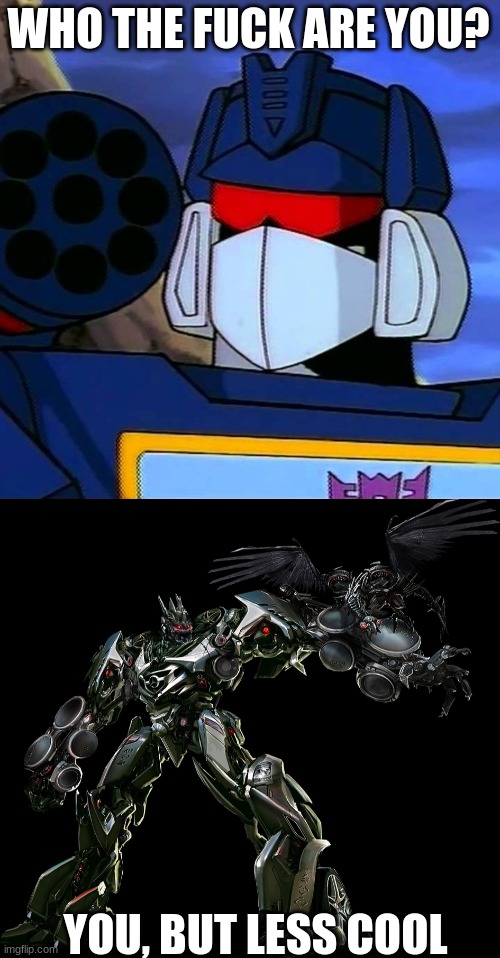 WHO THE FUCK ARE YOU? YOU, BUT LESS COOL | image tagged in soundwave,soundwave from dotm | made w/ Imgflip meme maker