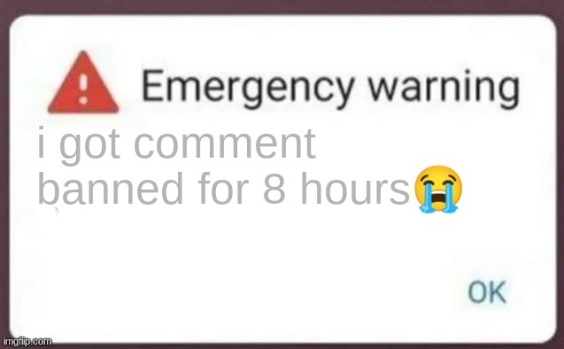 Emergency Warning | i got comment banned for 8 hours😭 | image tagged in emergency warning | made w/ Imgflip meme maker