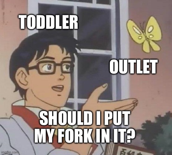 Is This A Pigeon | TODDLER; OUTLET; SHOULD I PUT MY FORK IN IT? | image tagged in memes,is this a pigeon | made w/ Imgflip meme maker