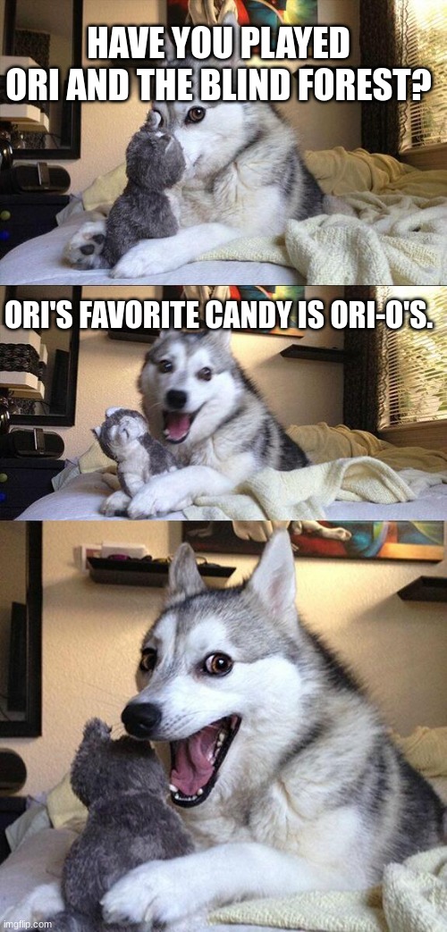 Bad Pun Dog Meme | HAVE YOU PLAYED ORI AND THE BLIND FOREST? ORI'S FAVORITE CANDY IS ORI-O'S. | image tagged in memes,bad pun dog,original meme,funny | made w/ Imgflip meme maker