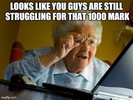 Grandma Finds The Internet | LOOKS LIKE YOU GUYS ARE STILL STRUGGLING FOR THAT 1000 MARK | image tagged in memes,grandma finds the internet | made w/ Imgflip meme maker