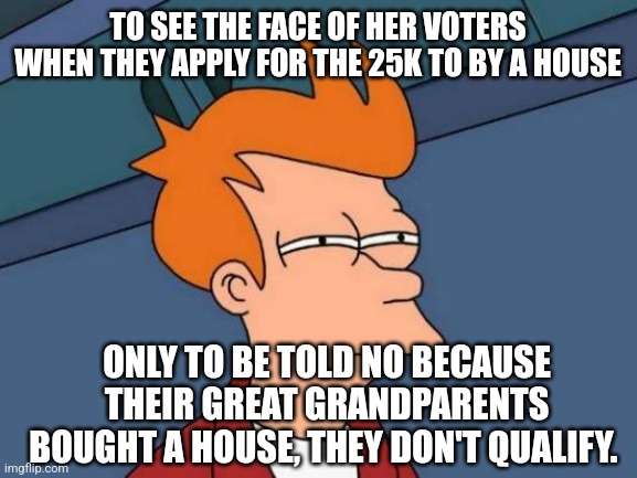 Futurama Fry Meme | TO SEE THE FACE OF HER VOTERS WHEN THEY APPLY FOR THE 25K TO BY A HOUSE; ONLY TO BE TOLD NO BECAUSE THEIR GREAT GRANDPARENTS BOUGHT A HOUSE, THEY DON'T QUALIFY. | image tagged in memes,futurama fry | made w/ Imgflip meme maker