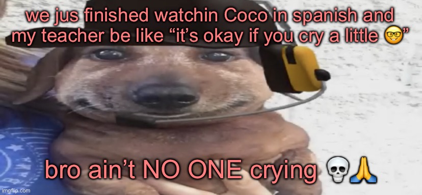 chucklenuts | we jus finished watchin Coco in spanish and my teacher be like “it’s okay if you cry a little 🤓”; bro ain’t NO ONE crying 💀🙏 | image tagged in chucklenuts | made w/ Imgflip meme maker