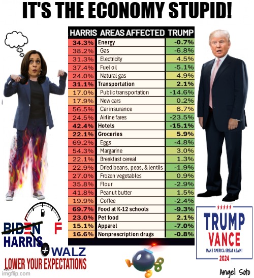 Trump vs Harris - It's the economy stupid | IT'S THE ECONOMY STUPID! HARRIS  AREAS AFFECTED  TRUMP; WALZ; +; Angel Soto | image tagged in trump vs kamala,donald trump,kamala harris,joe biden,inflation,economy | made w/ Imgflip meme maker