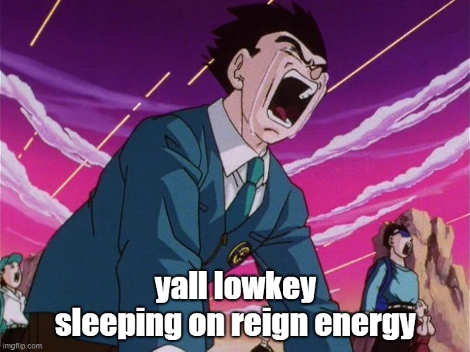 Gohan cry | yall lowkey sleeping on reign energy | image tagged in gohan cry | made w/ Imgflip meme maker