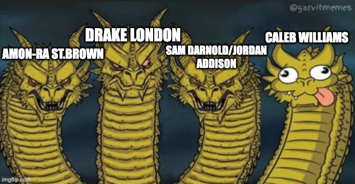 What a day for USC. | DRAKE LONDON; CALEB WILLIAMS; SAM DARNOLD/JORDAN ADDISON; AMON-RA ST.BROWN | image tagged in 4 headed dragons | made w/ Imgflip meme maker